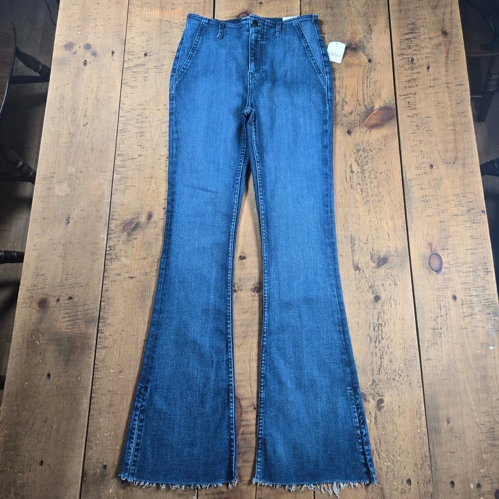Free People We The Free Level Up Slit Bootcut Jeans Blue Flare Raw Hem 28x31